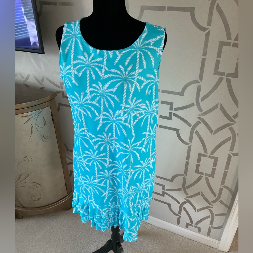 Women’s Turquoise & White Palm Tree Print Ruffled Dress